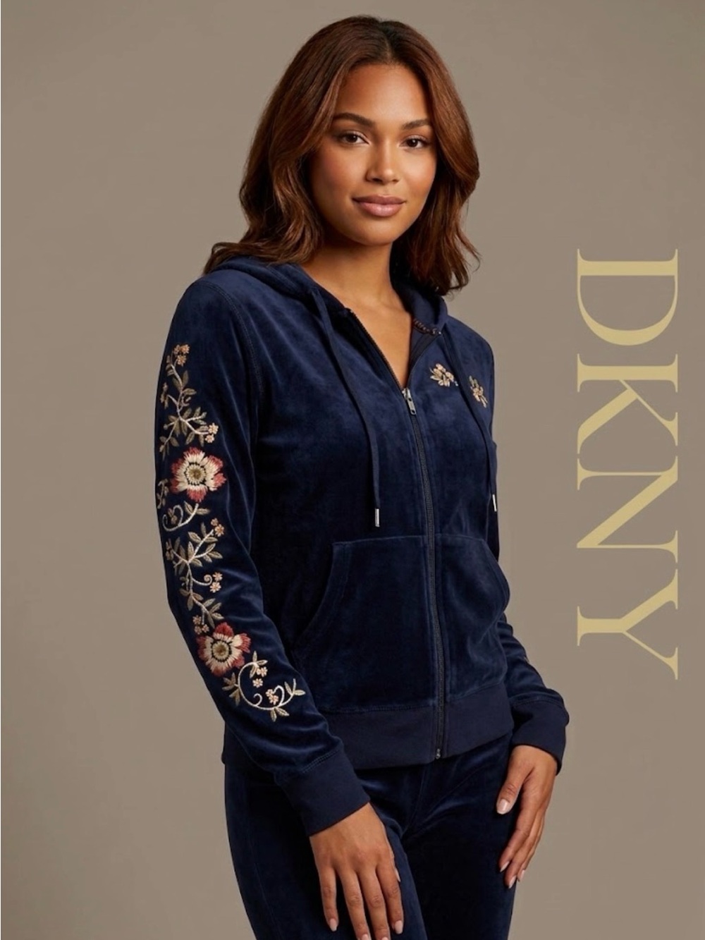 DKNY Active Women's Floral Embroidered Velour Hoodie - Black (Size M)